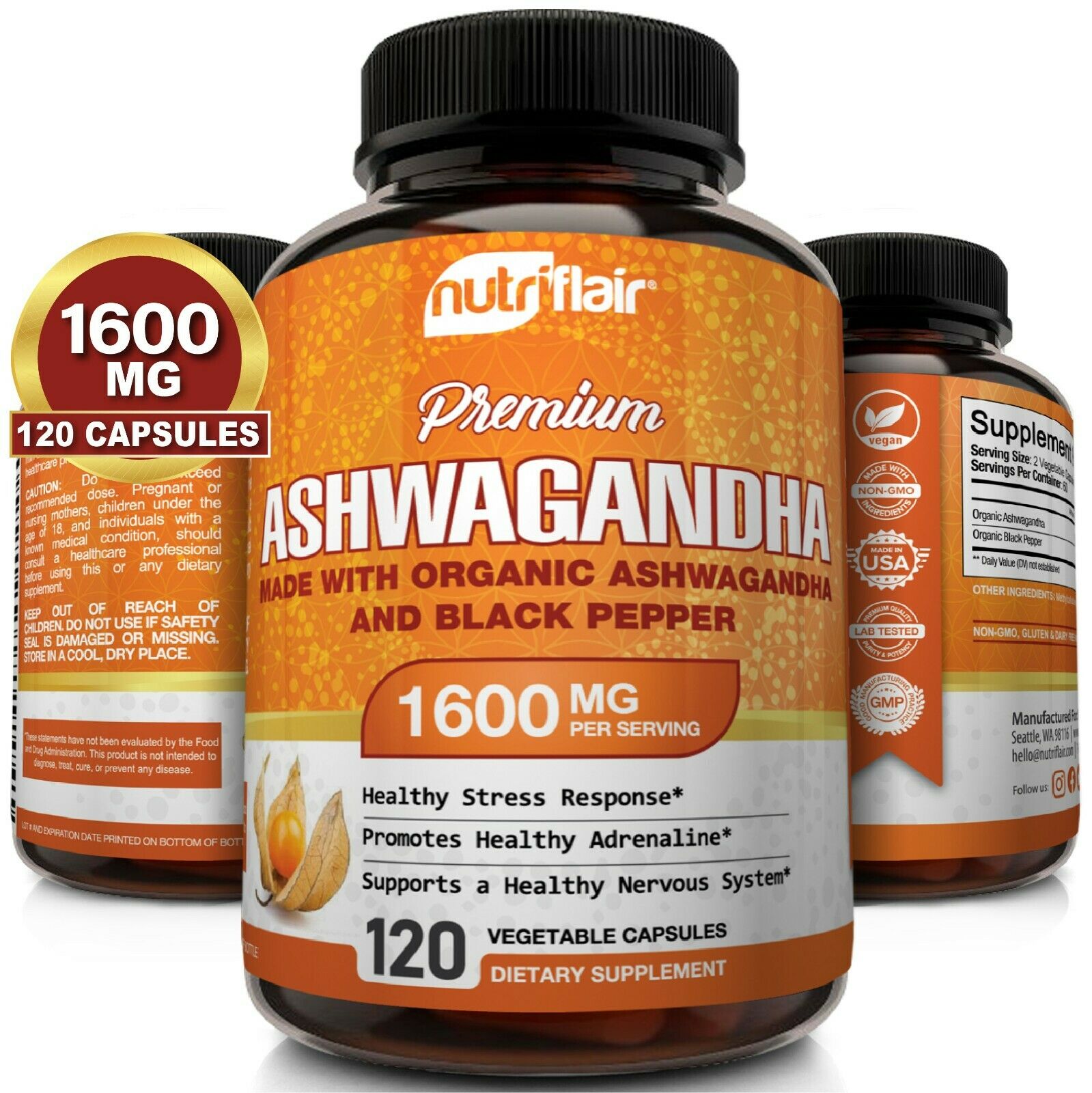 ☀ Organic Ashwagandha Capsules 1600mg 120 Capsules With Black Pepper Root Powder