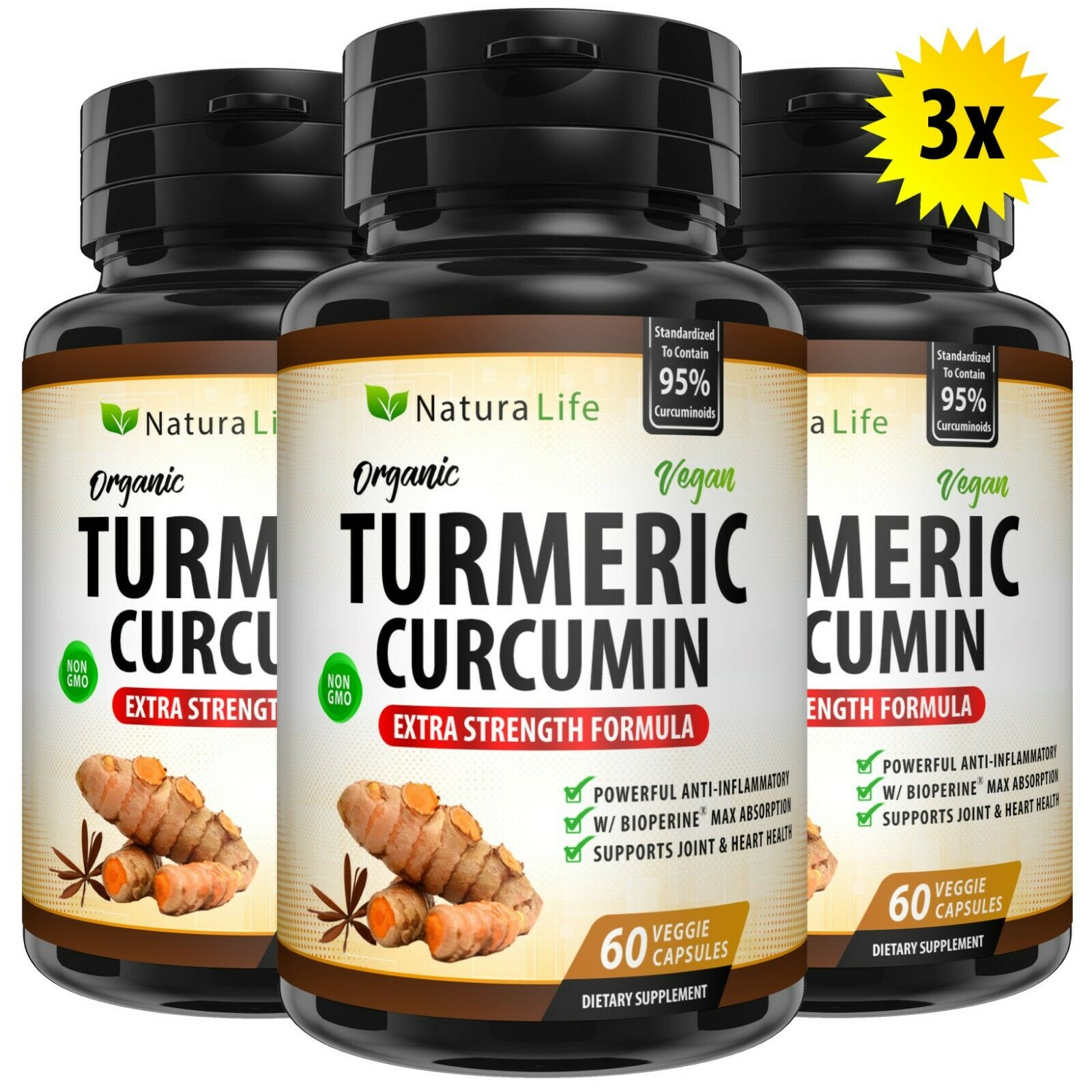 180 Extra Strength Turmeric Capsules 95% Curcumin Tumeric Bioperine Black Pepper