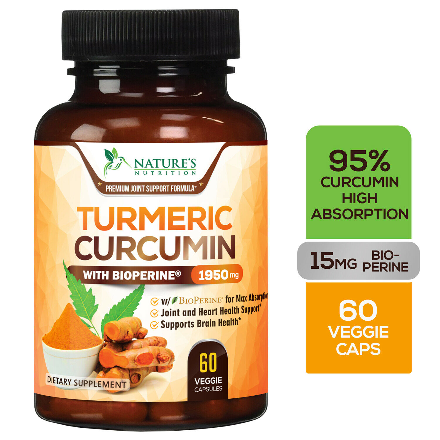 Turmeric Curcumin Highest Potency 95% 1950mg With Bioperine Black Pepper Extract